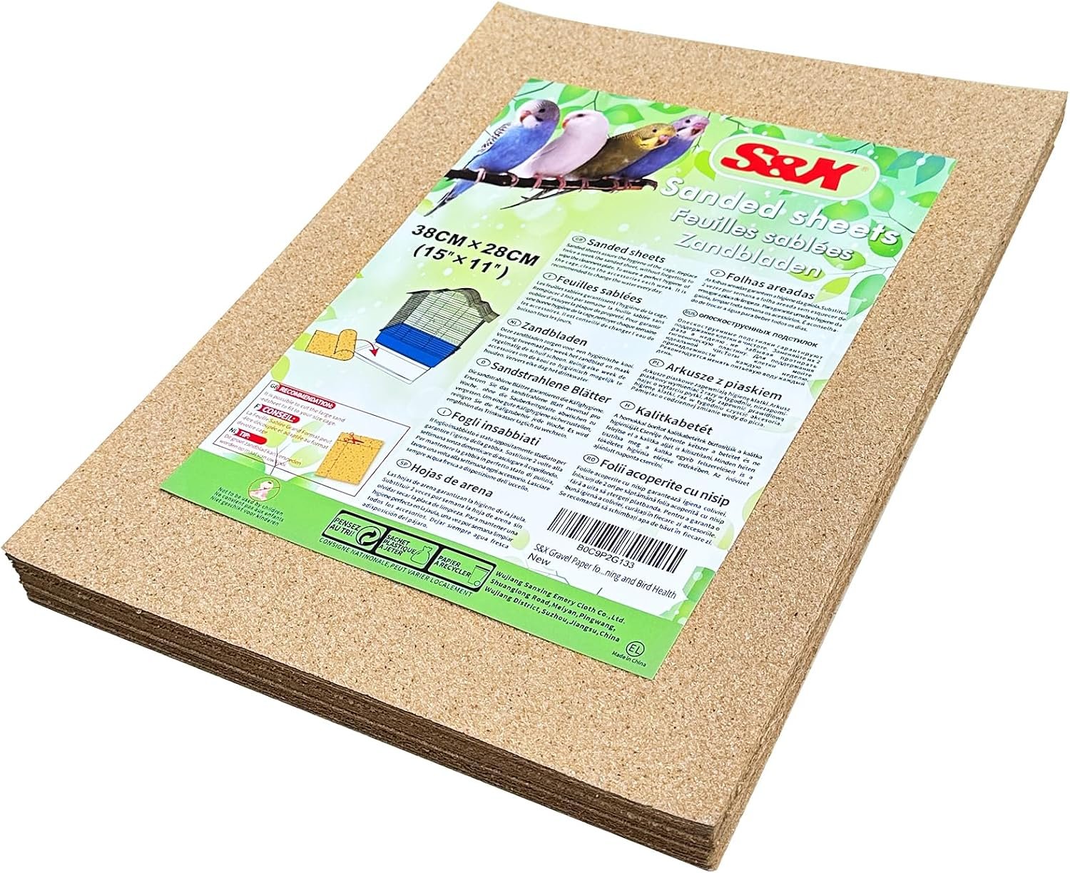 S&X Bird Cage Liners 15 x 11in, 30-Pack, Gravel Paper Sheets | Thick, flat gravel paper eases cleanup, gritty surface helps trim claws and beaks, pre-cut for common cage trays