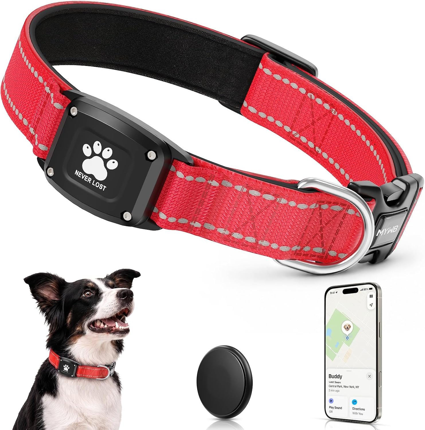 GPS Dog Collar Tracker 2-in-1,Reflective Waterproof Pet Collar,iOS-Only,No Monthly Fees,Unlimited Range,Dog Tracking Collar Pet Tracker,for Small Medium Large Dogs(L (16.5″-23.5″), Red)