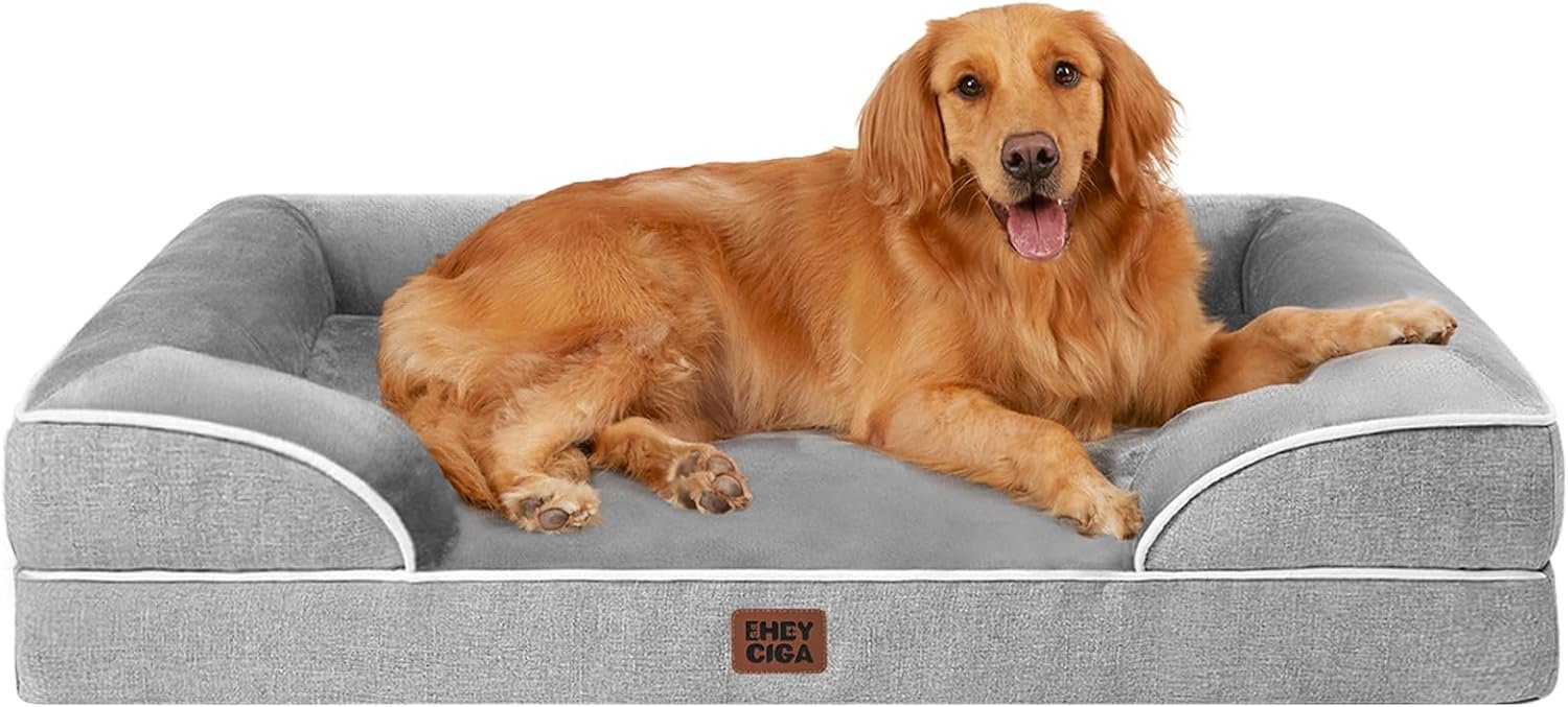EHEYCIGA Orthopedic Extra Large Dog Bed, Waterproof Washable XL Pet Bed 44″ | Non-Slip Bottom and Egg-Crate Polyurethane Foam Big Dog Couch Bed with Washable Removable Cover, Grey