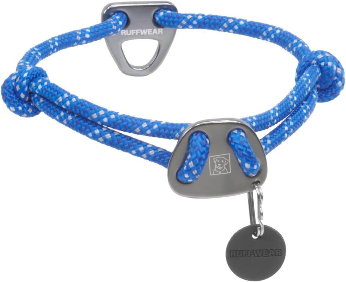 Ruffwear, Knot-a-Collar, 7 mm Rope, Low Profile, Blue Pool, 14″-20″ | Heavy Duty Climbing Rope Dog Collar, Reflective Adjustable Design with Aluminum V-Ring & ID Tag Silencer for Everyday Use