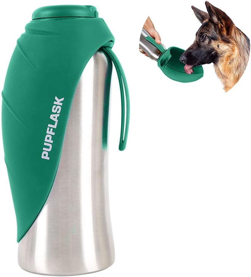 PupFlask Large Dog Water Bottle, Portable Stainless Steel Travel Bowl | 27 or 40 oz Leak-Proof Drink Dispenser with Built-In Cup and Carry Strap for Walking, Hiking and Travel; For All Dog Breeds