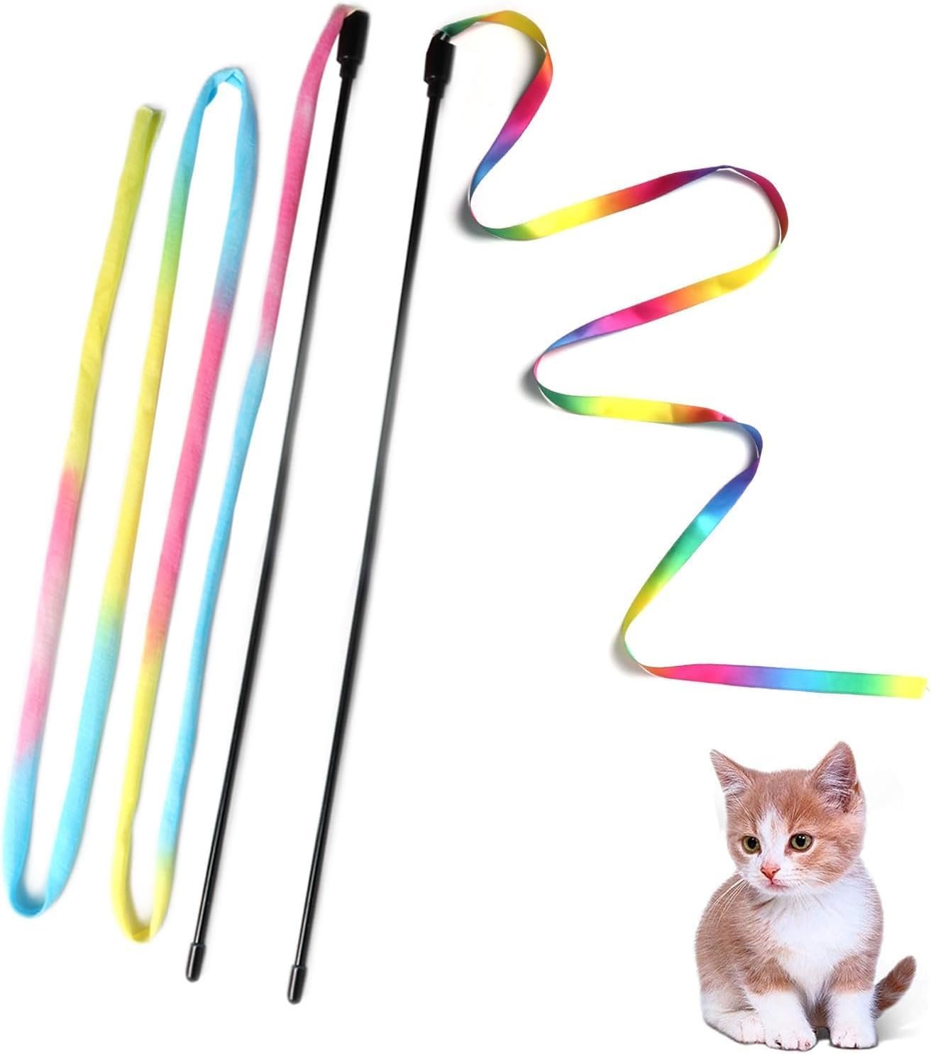 Cat Wand Toys Interactive Kitten Toys for Indoor Cats-2Pcs | Colorful Teaser Wand String for Exercise Kitten Stick Kitty Rope Toy Rainbow Ribbon Cat Charmer