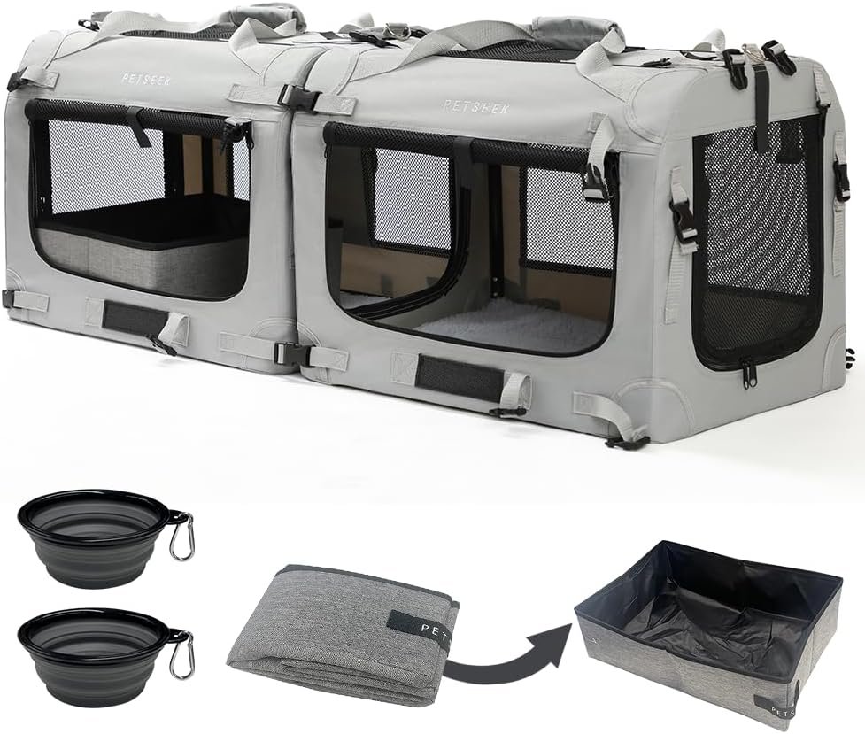 Extra Large Cat Carrier Soft Sided, Portable Small Dog Carrier for 2 Cats, 24″x16.5″x16″ Car Travel Folding Comfortable Design with Litter Box and Bowls, Grey-2+ Litter Box+ Bowl*2