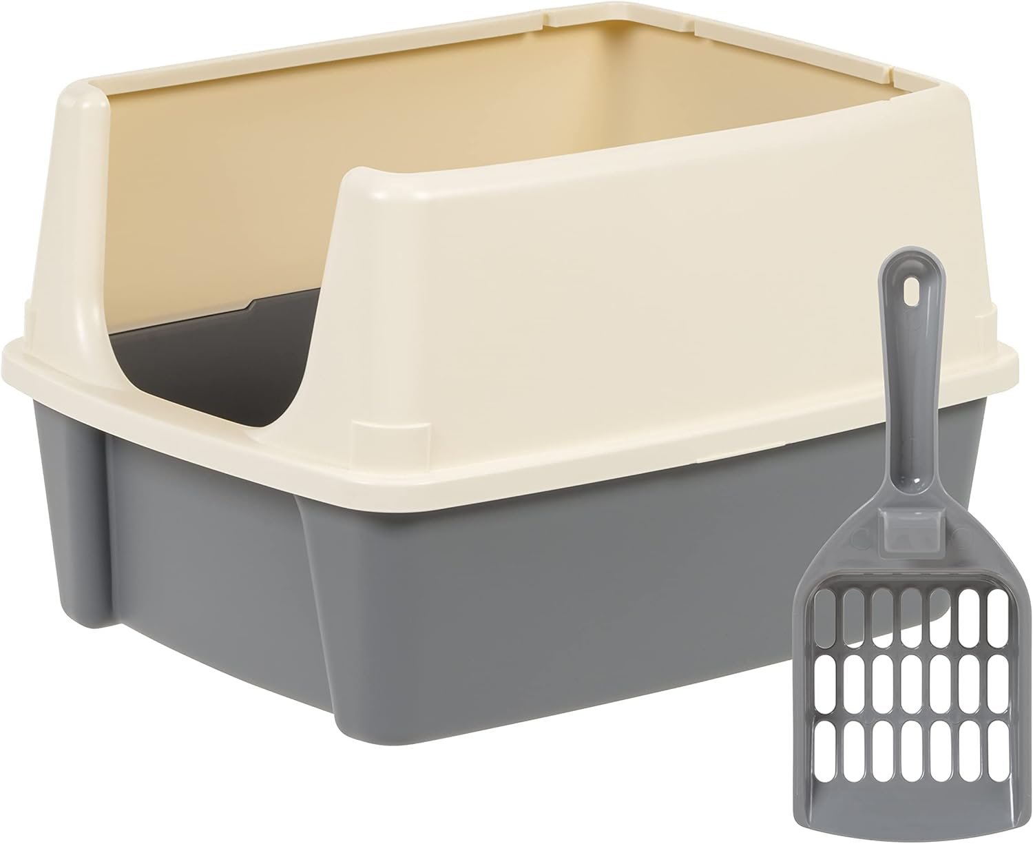 Amazon Basics Large Cat Litter Box with High Sides, Open Top for Easy Access, Includes Scoop with Storage, 19″ x 15″ x 11.75″, Grey/Beige