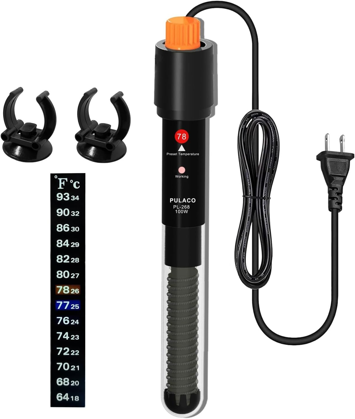100Watt Aquarium Heater for 15-25 Gallon Fish Tank, Adjustable Submersible Heater Thermostat with Thermometer Strip and Suction Cup