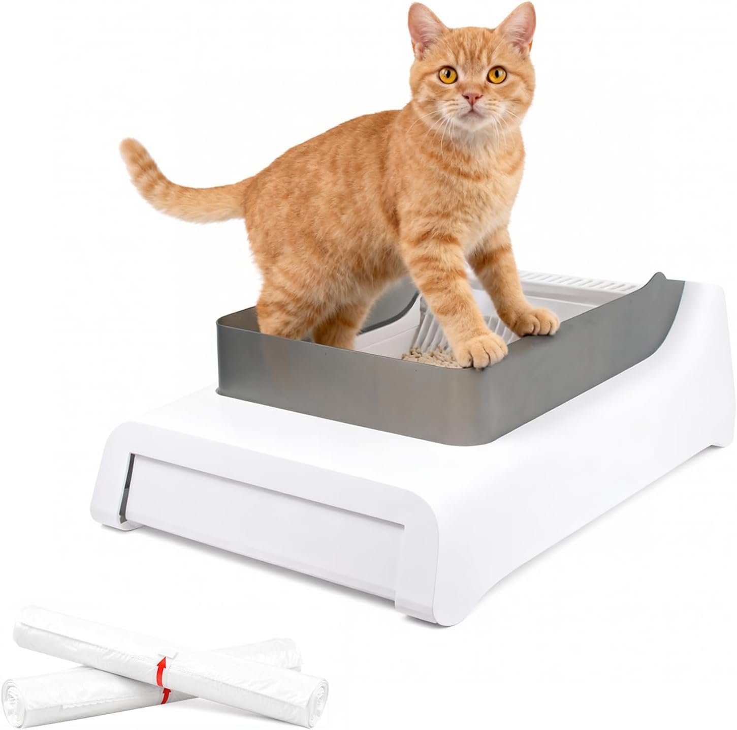 Pull-Out Sifting Litter Box with High Sides, Suitable for Small to Medium Cats, Anti-Urine Leakage, Easy to Clean, 16.9“ L x 13.7” W x 7.8″ H(Includes 2 Rolls of Trash Bags)
