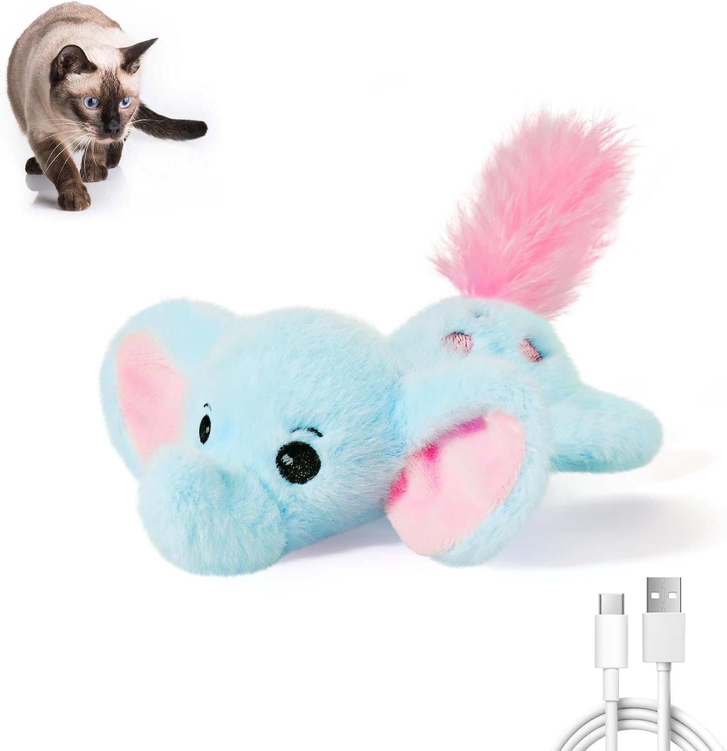 Potaroma Cat Toys Flapping Elephant, Touch Activated Interactive Kicker | USB Rechargeable, 3 Auto Modes, Catnip & Crinkle Paper Inside, Hangable Rope, Washable Shell 6.3 Inches for Indoor Cats