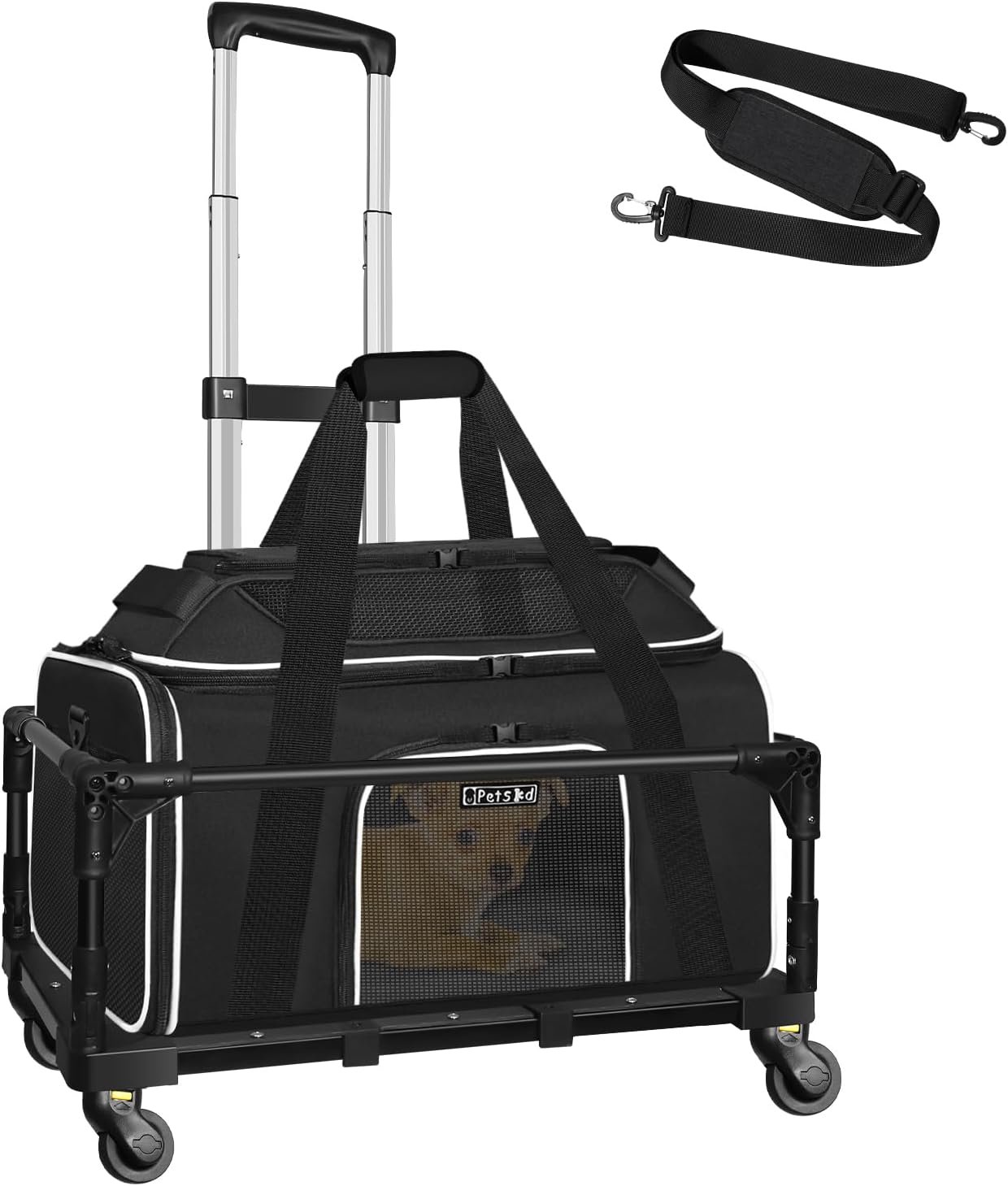 Top-Expandable Small Pet Carrier with Wheels Airline Approved | 18″x11″x11″, for Delta/American/United Airlines, Lockable Safety Zippers and Anti-Scratch Mesh, Pets Under 10 Lbs, Black