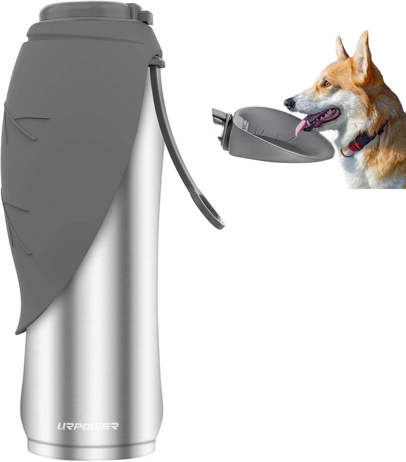 URPOWER Insulated Dog Water Bottle, 27 oz Leakproof Travel Bottle | Cool Water for Hours, 304 Stainless Steel, One-Hand Use, Wide Silicone Bowl, BPA-Free, Less Water Waste, For Walking, Hiking