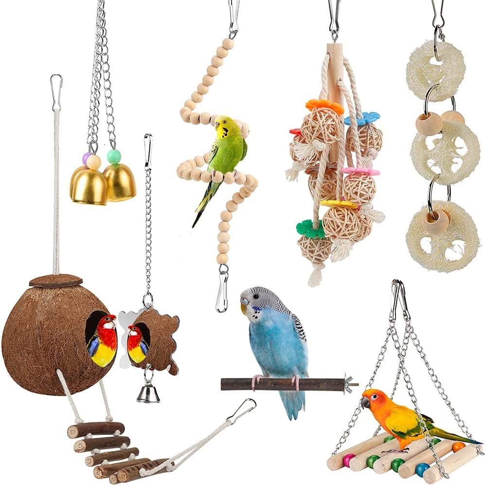 For Parakeet, Conure, Cockatiel, Love Birds, Parrots – Bird Cage Hammock with Ladder, Hanging Bell Swing, Chewing Toy