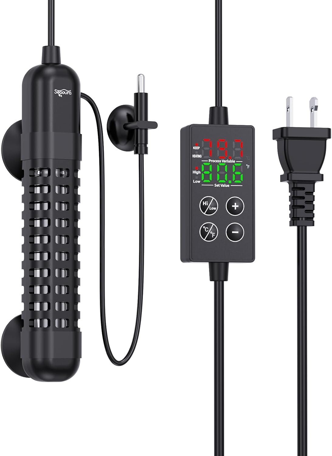 SEAOURA Small Aquarium Heater, 25W Fish Tank Heater with Temp Probe 1-5 Gal | Adjustable Max & Min Temp Protection, 5.7 IN Auto Power-Off LED Display External Controller, for Fresh/Saltwater Betta Turtle