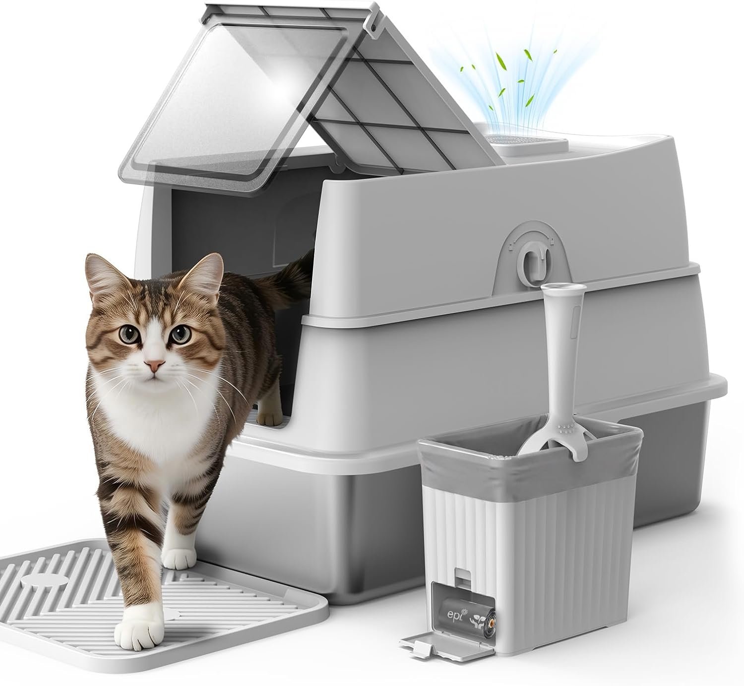 Stainless Steel Litter Box with Lid | Extra Large Enclosed Cat Litter Box for Big Cats | High Sided Metal Litter Boxes | 100% Anti-Urine Leakage | Odor Control | Non-Stick with Litter Scoop Set & Mat