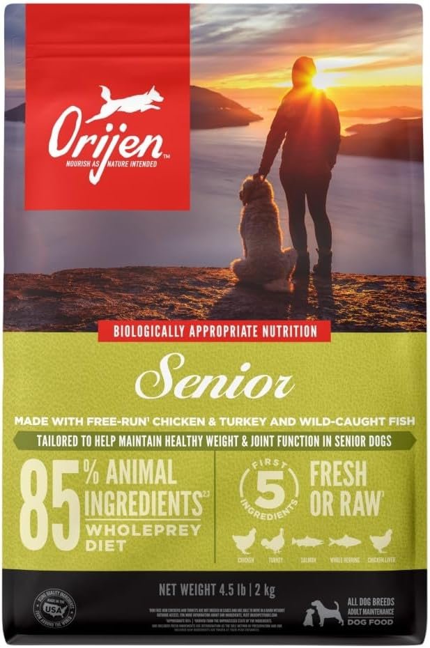 ORIJEN Grain Free WHOLEPREY Dry Dog Food Senior Recipe 4.5lb. Bag | 85% Fresh or Raw Ingredients, Grain Free, Made in the USA, No Corn, Soy or Wheat, For Senior Pets, Global Quality Ingredients