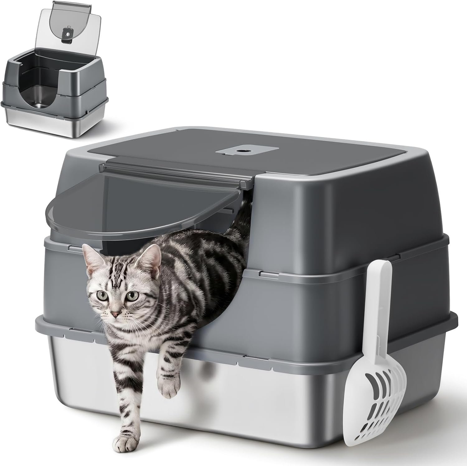 Stainless Steel Litter Box with Lid,Side Entry Litter Box,Covered Enclosed Cat Litter Box,Metal Litter Boxs,Odorless Non-Stick with High Sided Enclosure&Scoop for Kitty to Medium Cats(Grey)