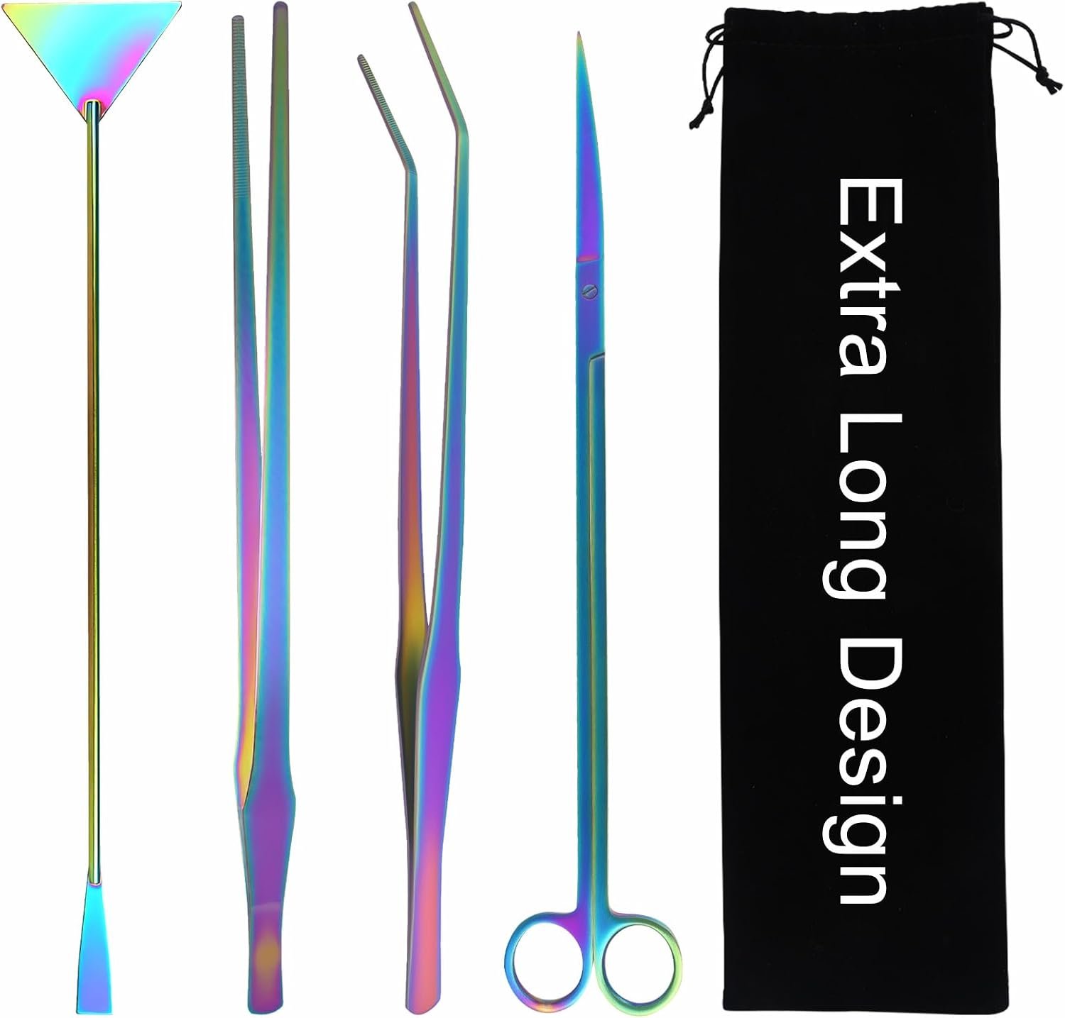 15Inch Extra Long Design Aquarium Aquascaping Tool Stainless Steel Aquascape Tool Kit 4 in 1 Anti-Rust Fish Tank Starter Kit with Long Tweezers Scissors Spatula for Aquarium Plants (Colorful)