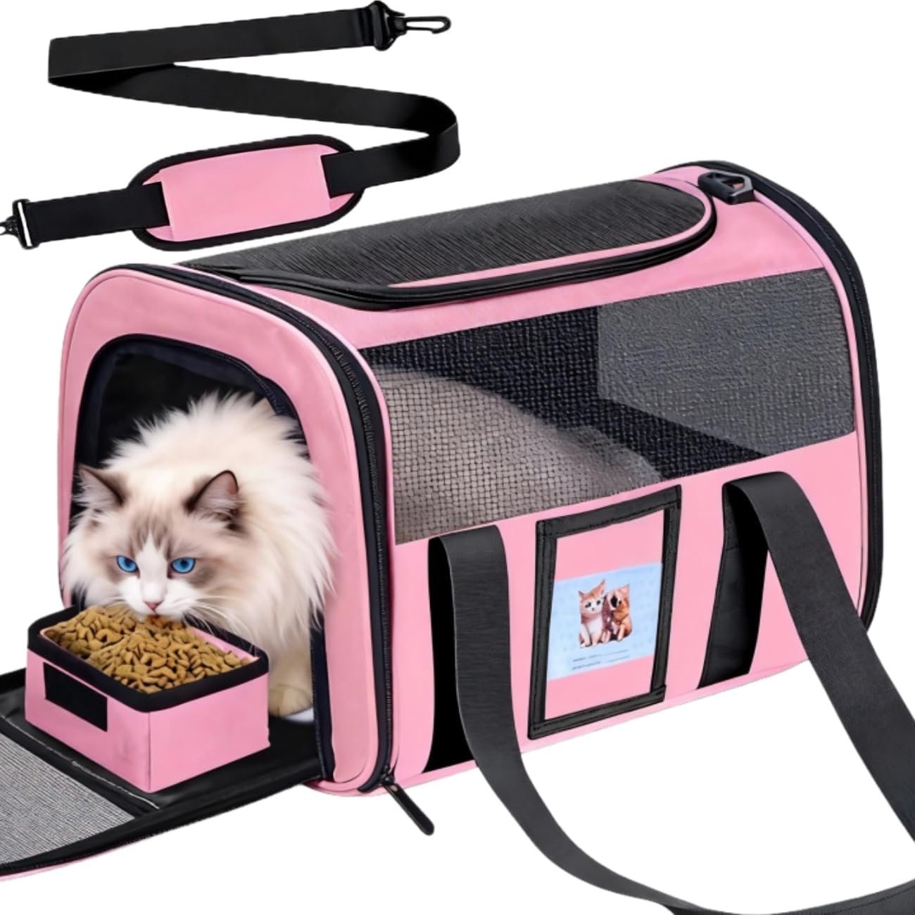 Cat Carrier Soft with Detachable Food Bowl,Soft-Sided Pet Bag(Up to 16 lbs) | Puppy Crate with Lockable Zippers,Airline Travel for Small Dog,Kitten,Animal,Breathable Mesh Kennel,Carrying Case,Pink