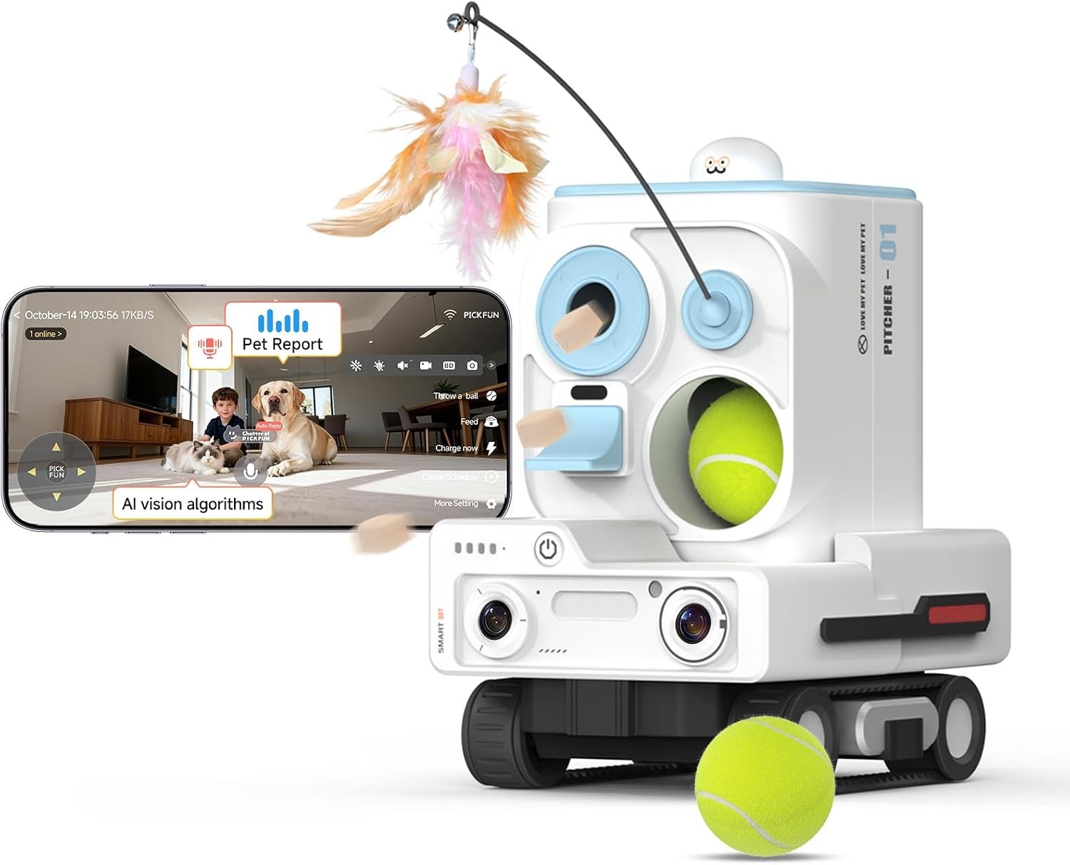 Pmate AI Pet Camera Robot Companion for Dogs & Cats Robot Camera with Visual Recognition Remote Video Interaction Auto Feeding & Play Red Light Teaser Night Vision Auto Charging Blue