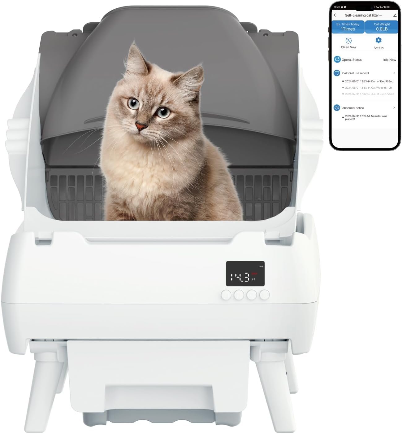 Automatic Cat Litter Box Self Cleaning – App Control, Open-Design, Smart Health Monitor, Suitable for Medium Cats and Kittens, Anti-Pinch Safety, Quiet Operation – White