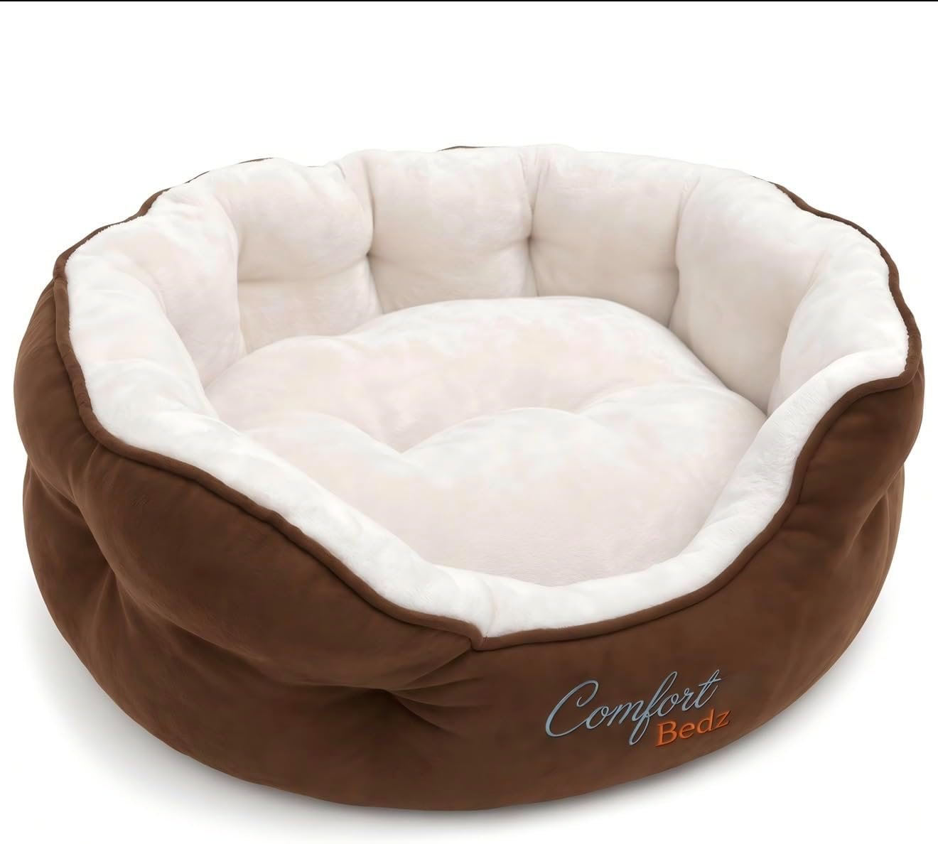 Calming Dog Bed for Small, Medium, and Large Dogs, Ultra-Soft Plush Sherpa Interior, Raised Bolster Rim, Faux Suede Exterior, Brown and Cream 81cm