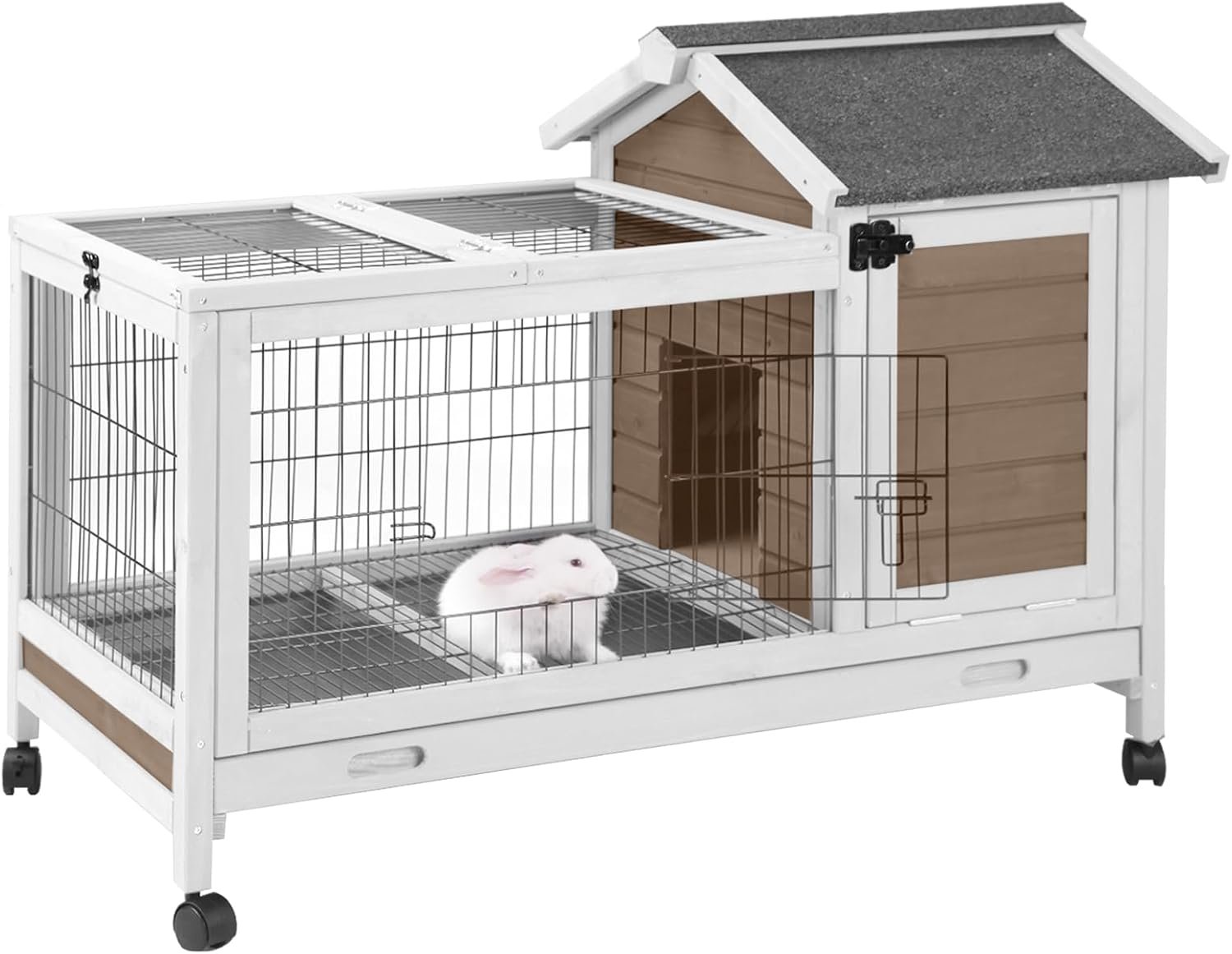 Wooden Rabbit Hutch Indoor and Outdoor, Rabbit Cage with Removable Wire Netting and Leak Proof Tray, Mobile Bunny Cage with Wheels (Brown)