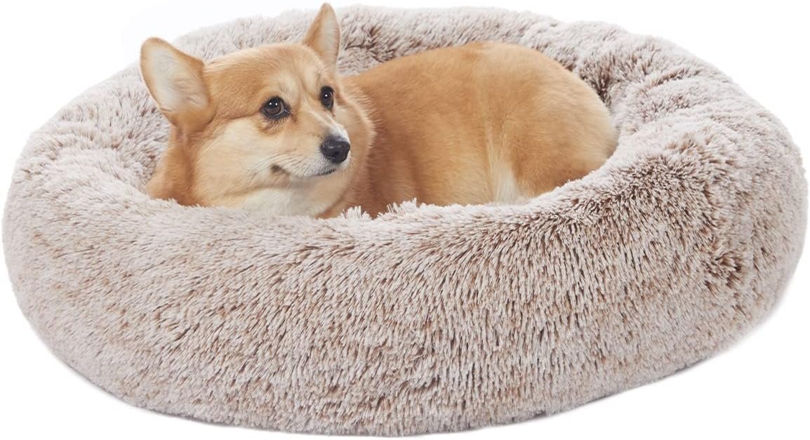 Bedfolks Calming Donut Dog Bed – 30″ Round Plush for Medium Dogs, Anti-Anxiety, Machine Washable (Brown, Medium)