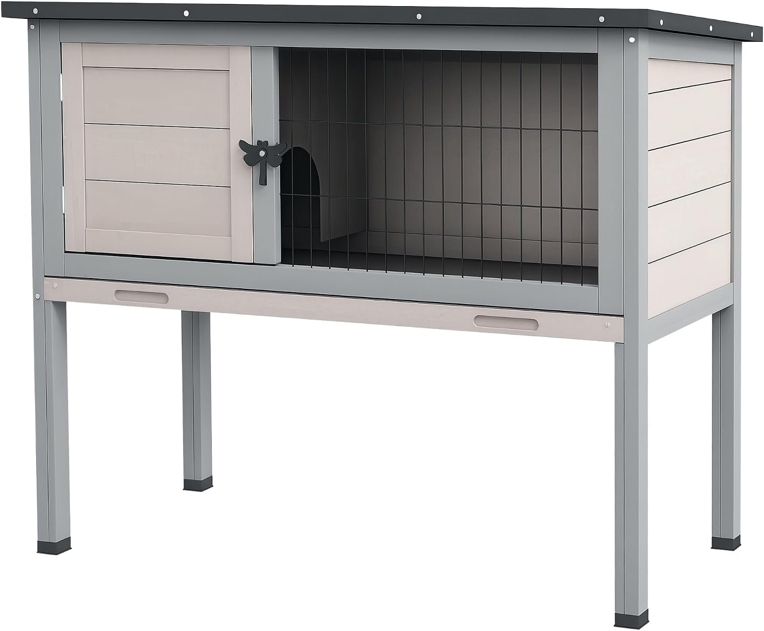 PawHut Elevated Wooden Rabbit Hutch Indoor/Outdoor Bunny Cage Light Gray | Hinged Asphalt Roof, Removable Tray for Guinea Pig