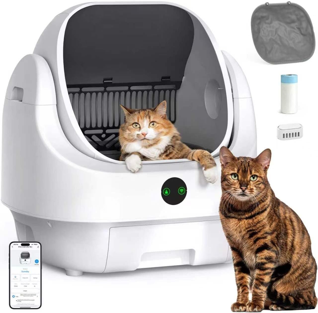 Open-Top Automatic Litter Box, Odor Control, Ready to Use, Self Cleaning | Litter Box, Large Capacity with APP Control and Safety Sensor, Ellenpent, with Trash Bags/Waterproof Mat/Litter Mat