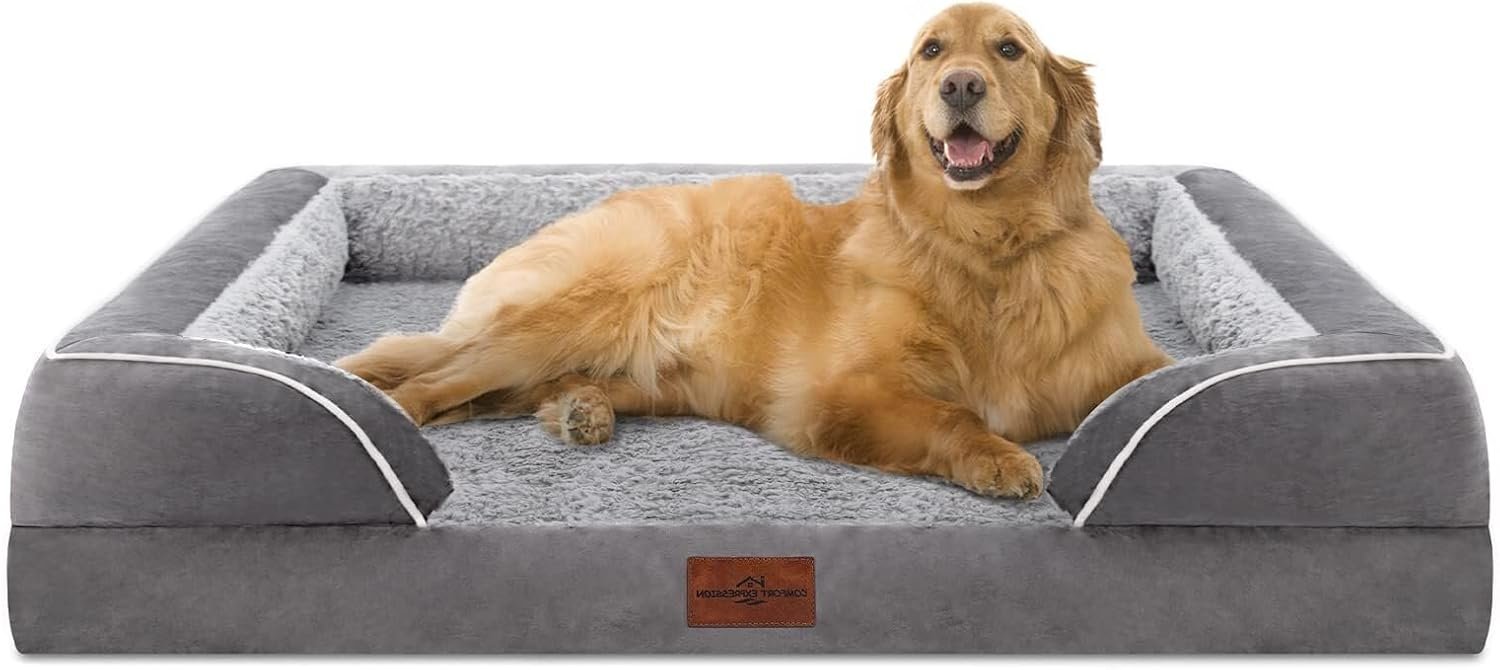 Comfort Expression Waterproof Orthopedic Dog Bed for Extra Large Dogs | Supportive Egg Crate Foam XL Pet Bed with Removable Bolster, Dog Couch with Washable Cover & Non-Slip Bottom, 42×30 Inch