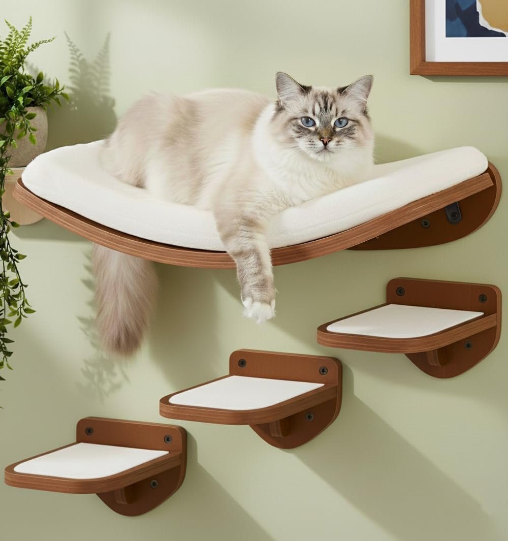 Cat Wall Shelves, Walnut Floating Cat Furniture with Bed & Steps