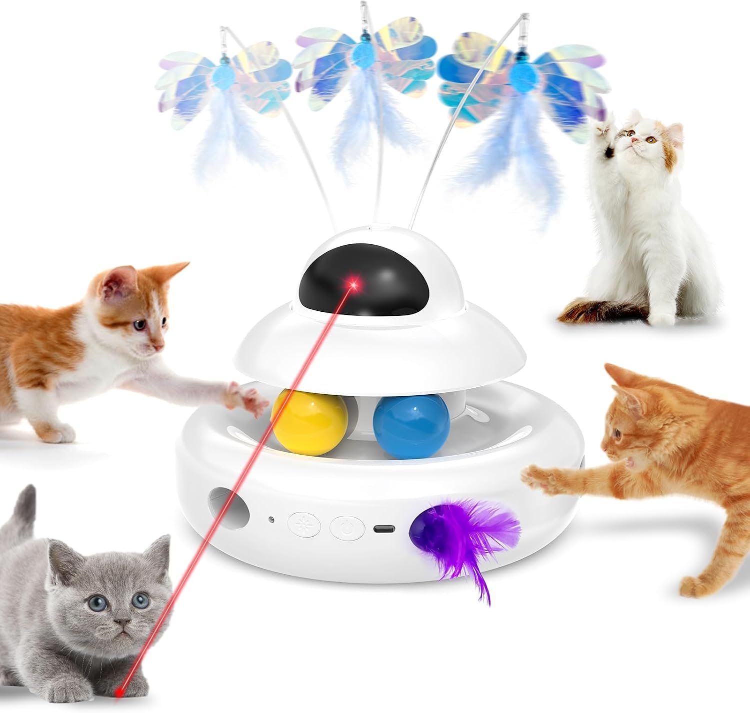 MOHAYA Cat Toys，4-in-1 Interactive Cat Toy for Indoor Cats with Laser, Fluttering Butterfly, Moving Feather and Track Balls – USB Rechargeable Self-Play Kitten Toy (White)