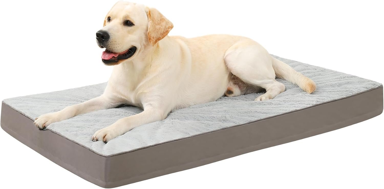 KSIIA Orthopedic Dog Bed for Large Dogs with Waterproof Lining, Grey, 35×22 | Deluxe Soft Plush Dog Crate Bed, Washable Pet Mat with Removable Cover & Egg Crate Foam for Large Dogs Sleeping & Relaxing