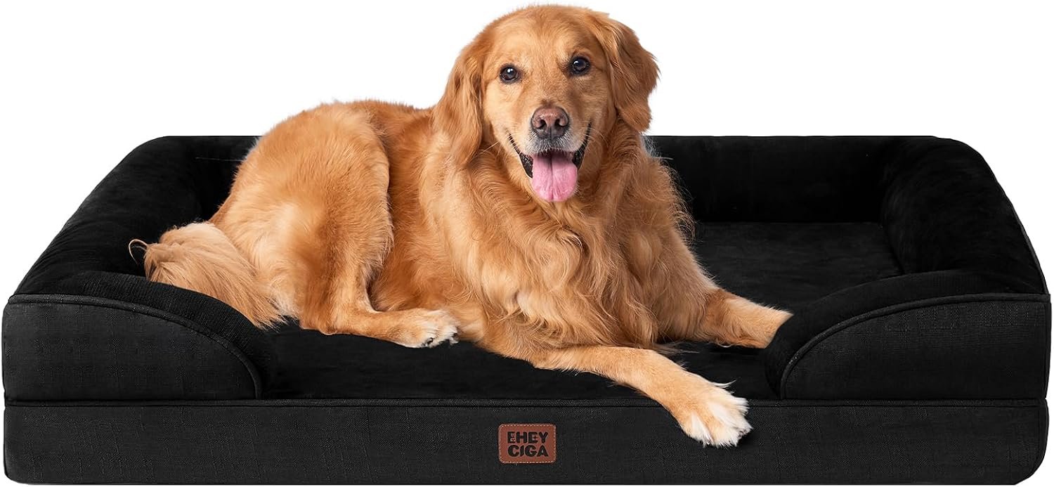 EHEYCIGA Orthopedic Extra Large Dog Bed, Waterproof Washable XL Pet Bed 44″ | Non-Slip Bottom and Egg-Crate Memory Foam Big Dog Couch Bed with Washable Removable Cover, Black, 44Inch