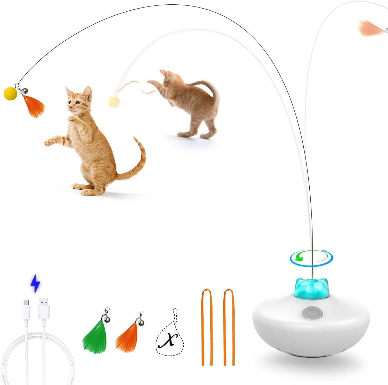 Oxawo Interactive Cat Toys Indoor Cats Toy Automatic Moving Feather Wand | Flying Feather Wobble Base Rechargeable Cat Toy, Extra Long Feather Wand Spin Cat Game & DIY Tails On