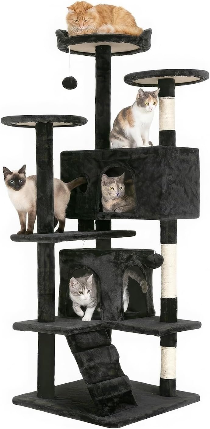FDW | 54″ Cat Tree Tower | Dark Gray | Multi-Level Indoor Activity Center | with Sisal Scratching Posts, Condos, Plush Perches, Hanging Cat Toys | Sturdy, Easy to Assemble | for Kittens & Adult Cats