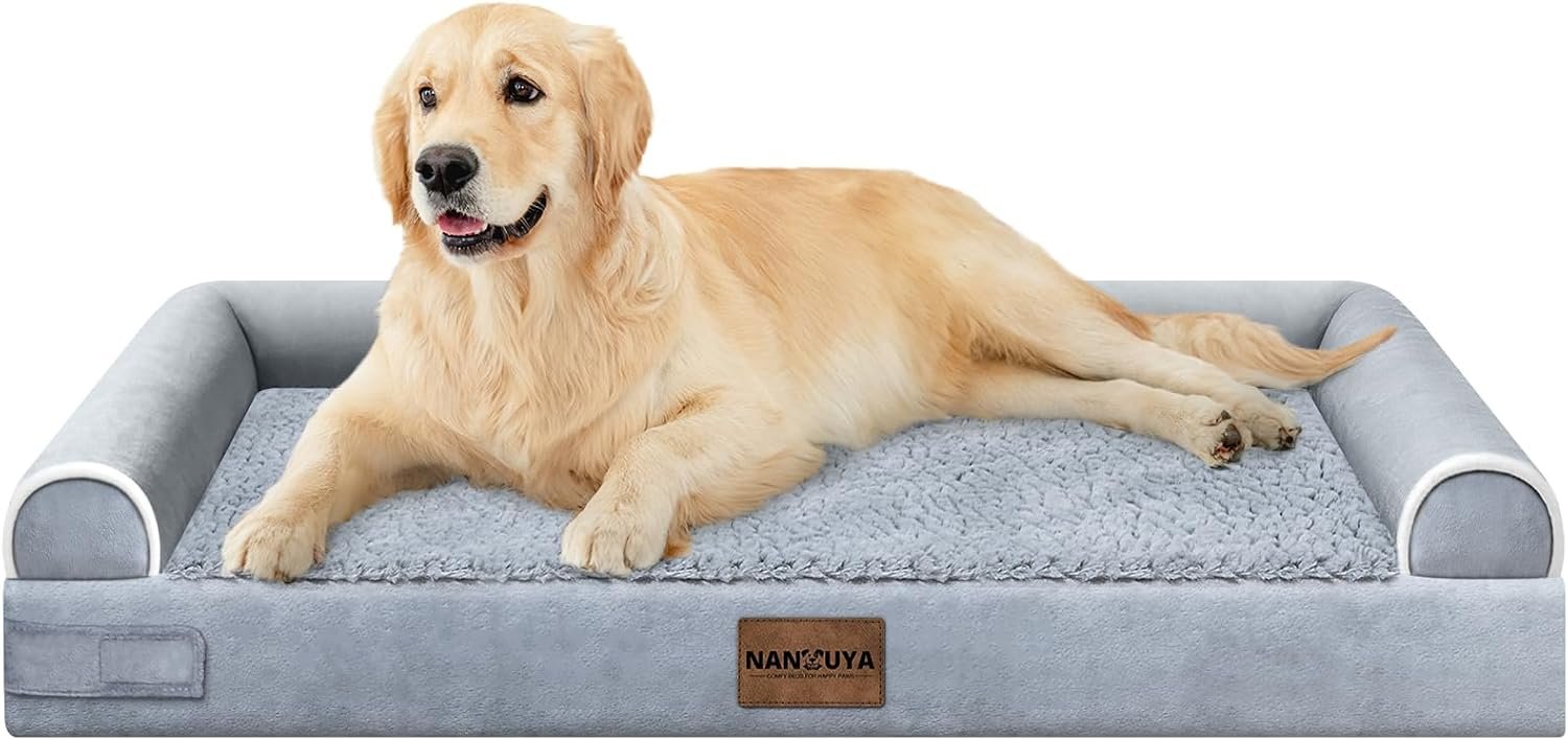 Orthopedic Dog Bed for Large Dogs, 36 x 27 Inch, Light Grey | Egg crate foam for joint support, 3-sided bolster pet sofa, waterproof lining, washable cover, and non-skid base