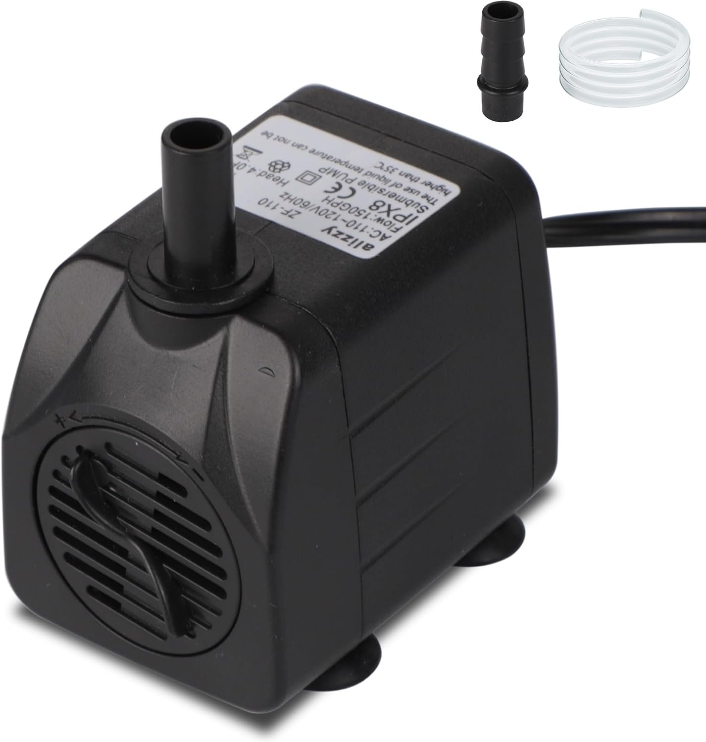 alizzy 150 GPH Small Fountain Pump, Durable Submersible Water Pump | 570 L/H, 10 W, Adjustable Flow, 8 ft Power Cord, 4 ft Lift Height, 2 Nozzles, with Tubing