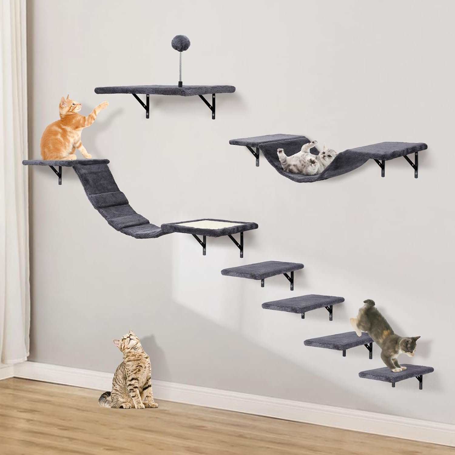 Wall-Mounted Cat Climber Set with Climbing Shelves, Perches, Bridge,Hammock,Scratching Board & Ball – 7 Pcs Wood Indoor Cat Furniture for Kittens Play (Dark Grey) | Multi-Level Climbing, Wood Wall Furniture, Perches, Bridge, Hammock, Scratcher, Indoor 40 lbs Small Place Corner Room Play