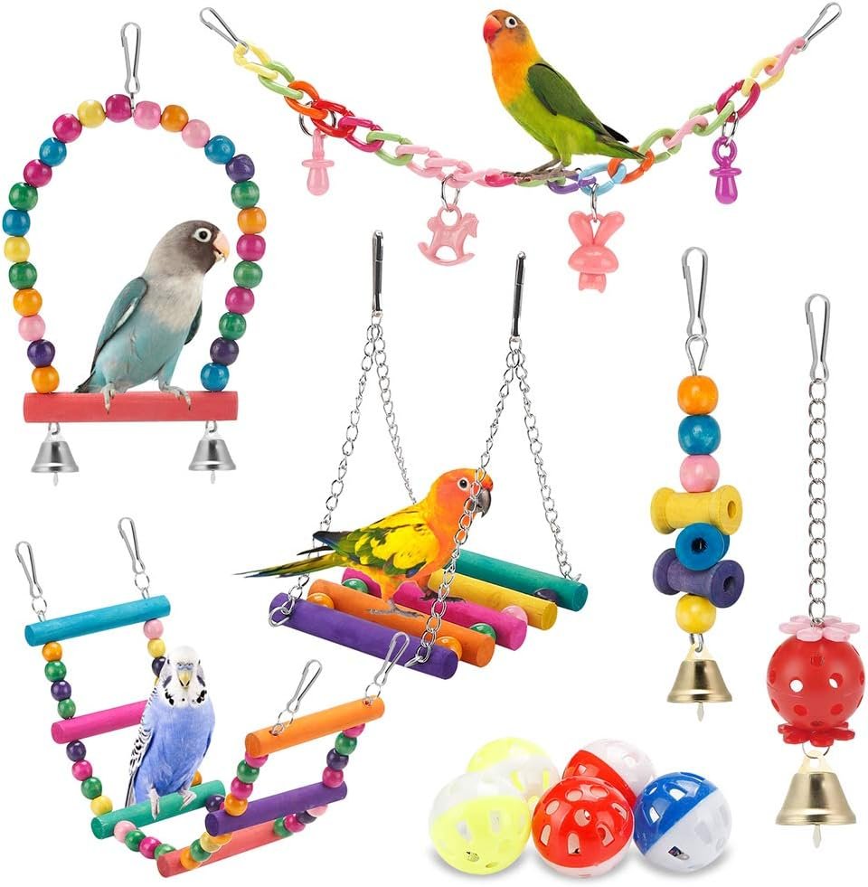 Bird Parakeet Toys – Swing Hanging Standing Chewing Hammock Climbing Ladder Bird Cage Colorful Toys Suitable for Budgerigar, Parakeet, Conure, Cockatiel, Mynah, Love Birds, Finches