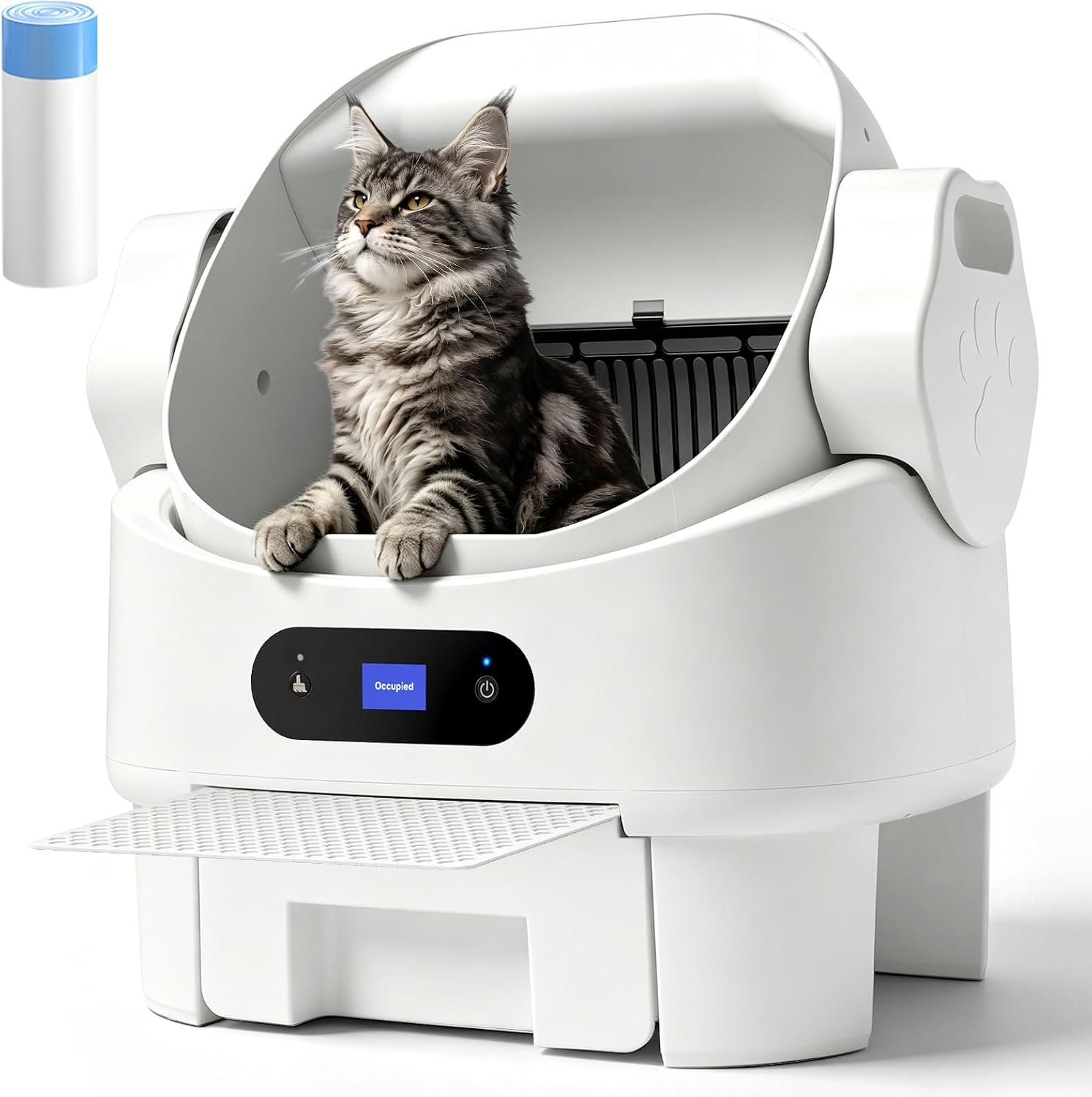 Self Cleaning Cat Litter Box,Ultra-Quiet,Anti-Pinch,Display,8L Waste Bin | Splash-Proof Design,Automatic,Multi-Cat Friendly,Detachable Step,Easy Install,Washable Parts,Modern Style,White,Garbage Bag