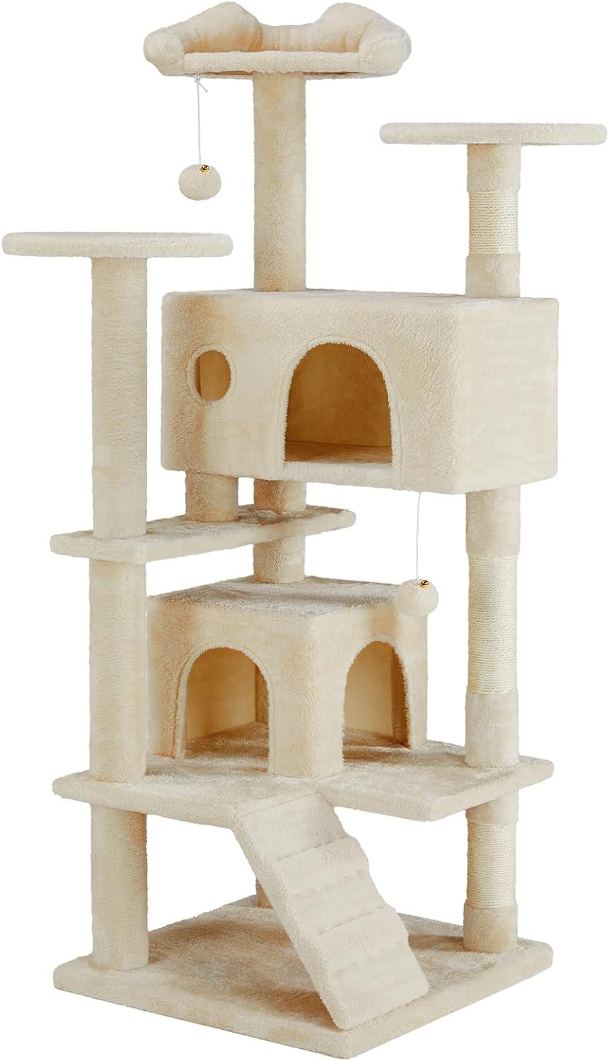 Sweetcrispy 54 Inch Cats Tree Tower with Scratching Post, Beige | Multi-Level Indoor Cat Tree Condo with Climbing Ladder, Plush Toy, Play House for Kittens