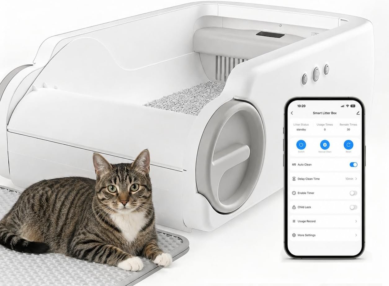Open Top Automatic Litter Box Self Cleaning Cat Litter Box for Multiple Cats Electric Litter Box with Smart APP Control, White