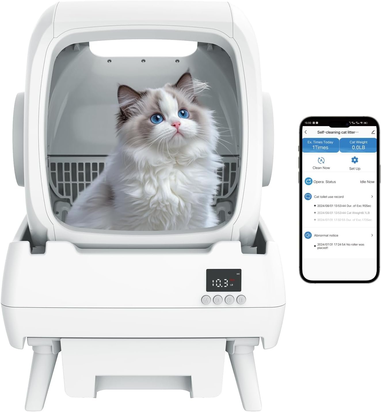 Automatic Cat Litter Box Self Cleaning – App Control, Cat Toilet Records, Suitable for Big Cats, Medium Cats, Kittens and Multi-Cat Families, Anti-Pinch, Low Noise【Assembly Required】- White