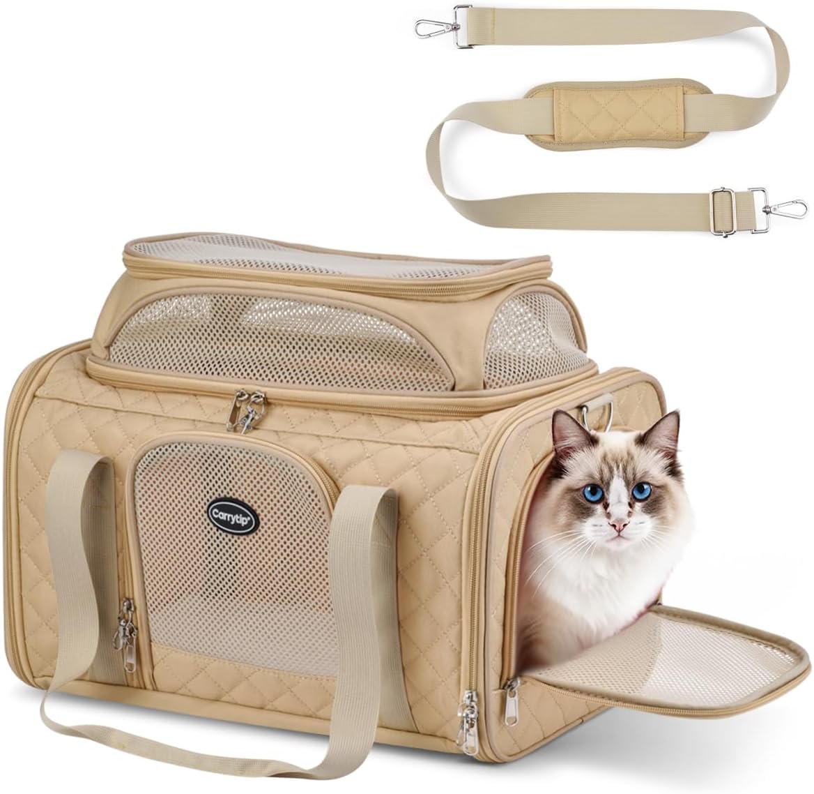 Airline Approved Cat Carrier with Expandable Top, 17x11x9.5 in, Brown | 5mm Reinforced Frame; Locking Zippers; Safety Tether; Breathable Mesh; Soft Pad; 3 Easy-Access Points for Comfortable Travel