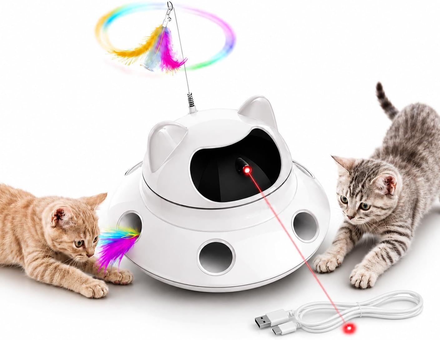 3-in-1 Auto Laser Cat Toy, USB Recharge Motion Activated Kitten Feather Chase Toy – Off-White