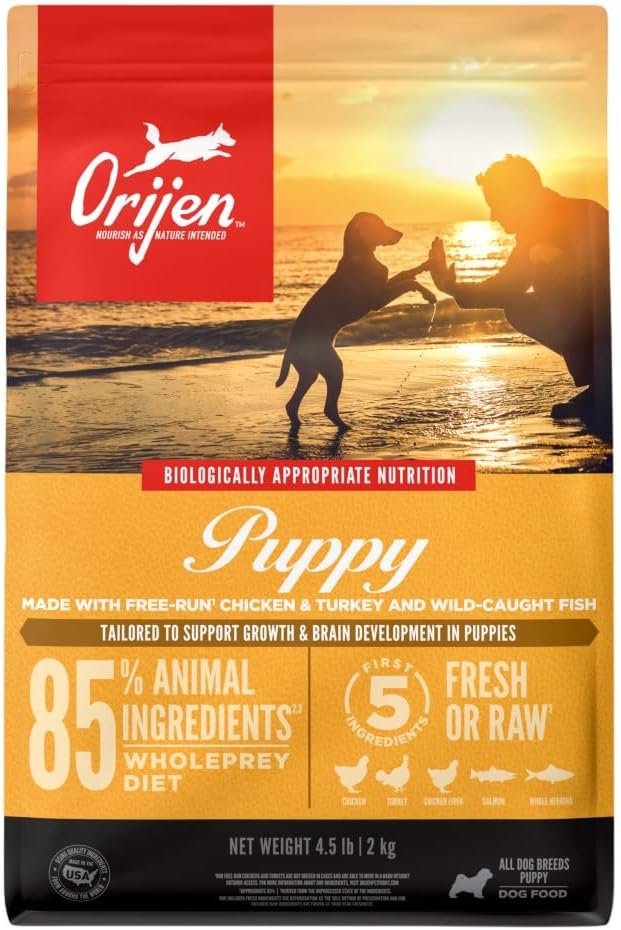 ORIJEN Grain Free WHOLEPREY Dry Dog Food Puppy Recipe 4.5lb. Bag | 85% Fresh or Raw Ingredients, Grain Free, Made in the USA, Nourishing Organs, No Corn, Soy or Wheat, For Growing Puppies