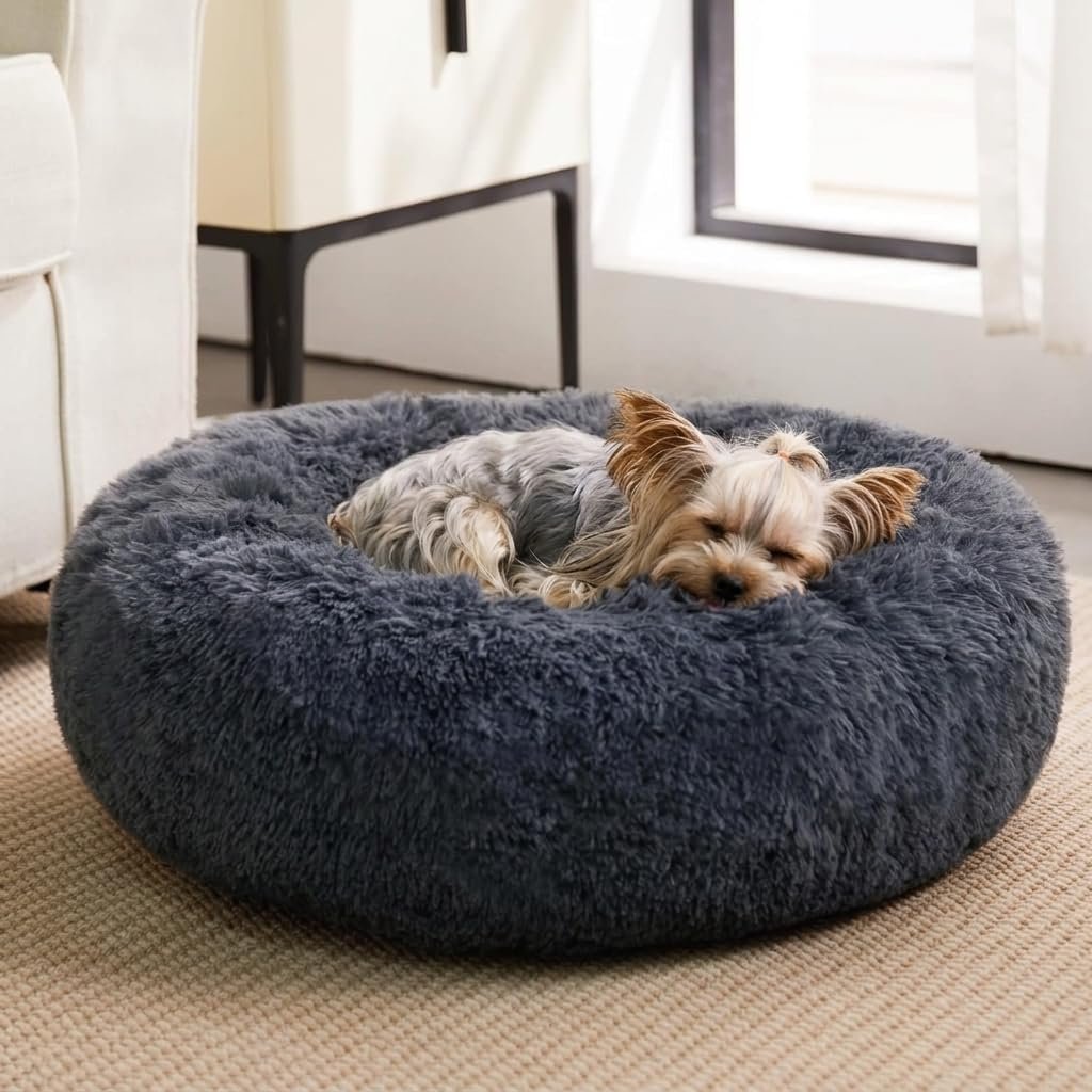 WNPETHOME Small Round Calming Dog Bed Cat Bed for Comfy Sleep | Dog Bed For Small Dog, Cute Washable Puppy Bed with Fuzzy Plush, Fur Anxiety Pet Bed Donut Cuddler (24x24x8in, Navy Blue)