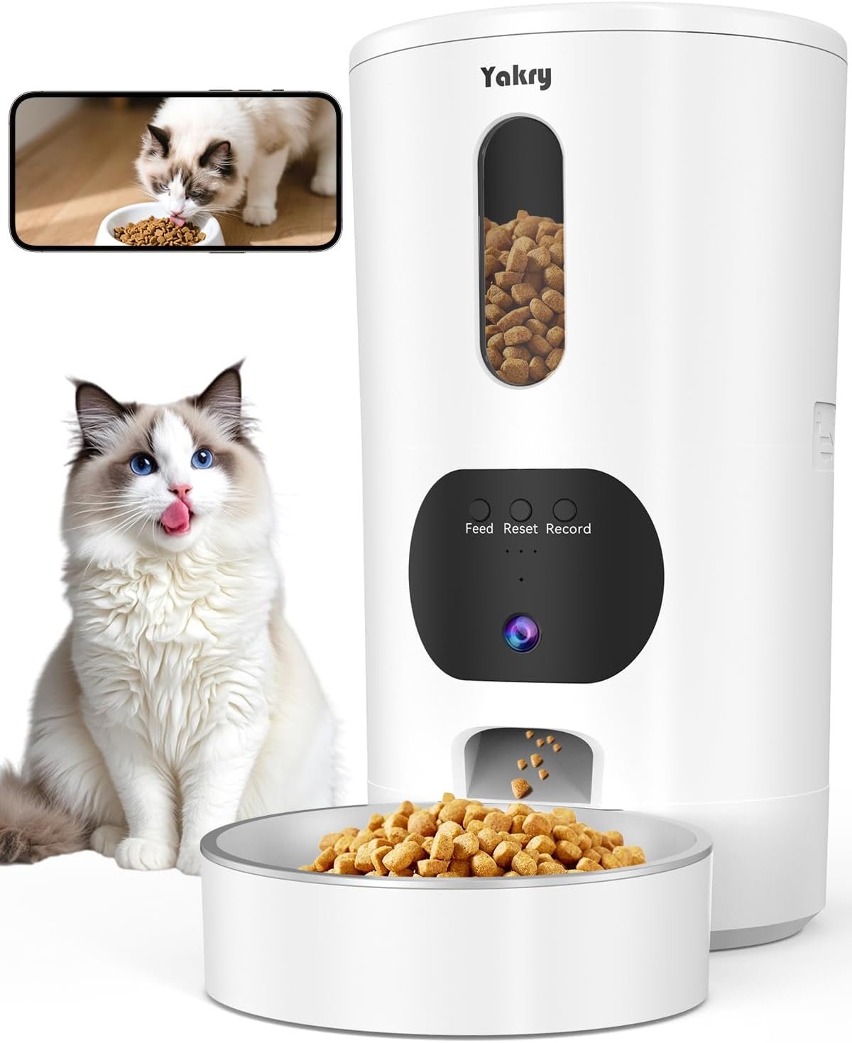 Yakry Automatic Cat Feeder with Camera – HD 1080P Video with Night Vision | 5GHz WiFi Easy Setup App Control Cat Dry Food Dispenser with Stainless Steel Bowl, 4L/17 Cups Capacity for Small Pets Indoor