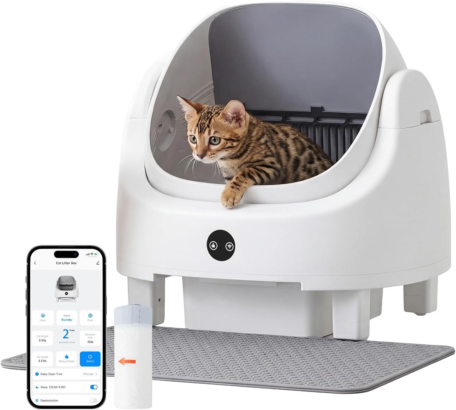 Automatic Litter Box App Control Self Cleaning Litter Box Odor Control＆Safety Protection for Multiple Cats with Garbage Bag, Cat Litter Mat and Fragrance Box, Ivory