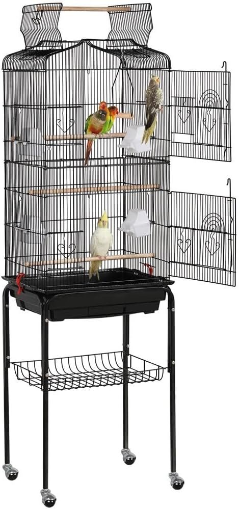 Yaheetech 64” Open Top Bird Cage for Parakeets & Cockatiels, Black | Detachable Rolling Stand, Easy-clean Slide Tray, Multi-door Access, 3/8″ Bar Spacing, Indoor/Outdoor Use