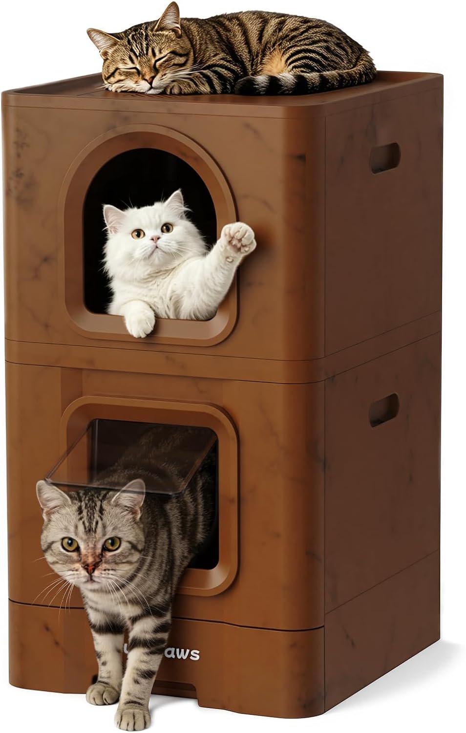 2-in-1 Cat House with Enclosed Litter Box, Wood Grain Brown | Upper cozy lounge for resting, Pull-Out Tray, Charcoal Filter Slot, Anti-Tracking Step, Hidden Litter Box